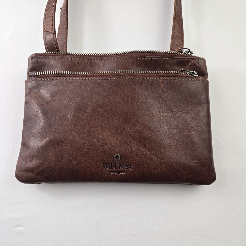 Wild West Los Angeles Brown Leather‎ Crossbody Bag Purse Plaid Lining